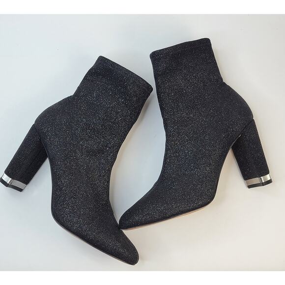 Michael Kors Mandy 8M Stretch Pull On Ankle Boots Black Glitter 3.5" Heel Party - Picture 7 of 15